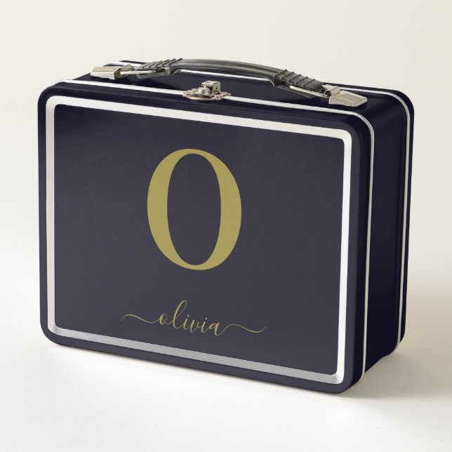 Monogram Script Name Personalised Black And Gold Metal Lunch Box (Front)
