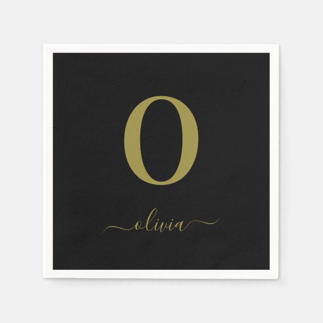 Monogram Script Name Personalised Black And Gold Napkin (Front)