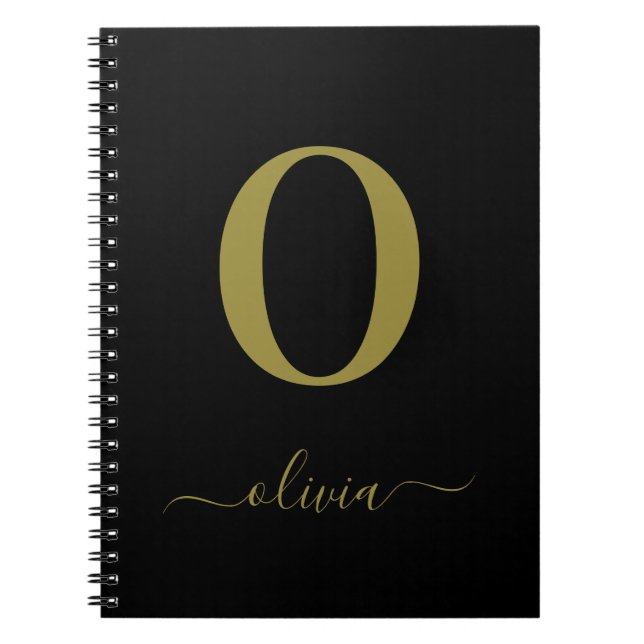 Monogram Script Name Personalised Black And Gold Notebook (Front)