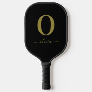 Monogram Script Name Personalised Black And Gold Pickleball Paddle