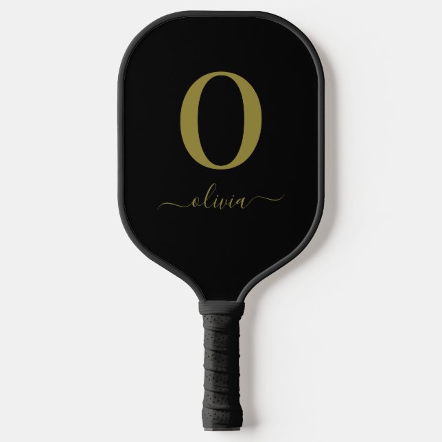 Monogram Script Name Personalised Black And Gold Pickleball Paddle (Front)