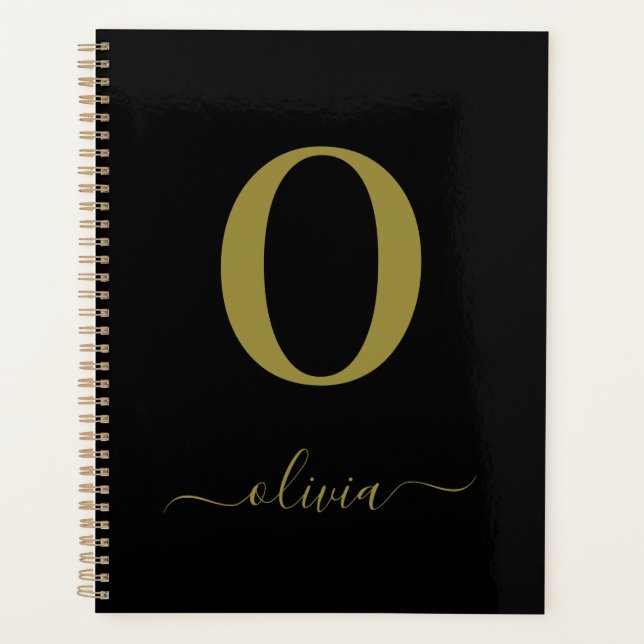 Monogram Script Name Personalised Black And Gold Planner (Front)