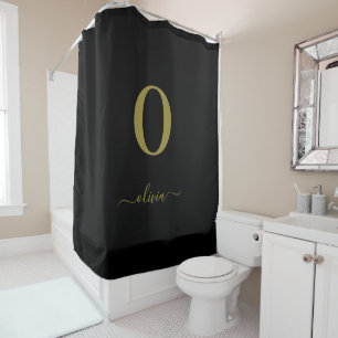 Monogram Script Name Personalised Black And Gold Shower Curtain