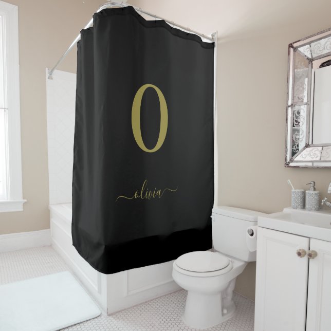 Monogram Script Name Personalised Black And Gold Shower Curtain (In Situ)