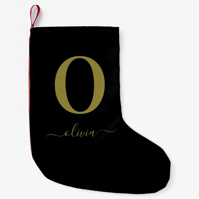 Monogram Script Name Personalised Black And Gold Small Christmas Stocking (Front)