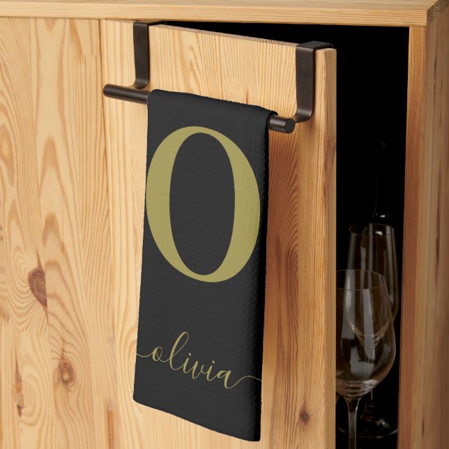 Monogram Script Name Personalised Black And Gold Tea Towel (Thirds Fold)