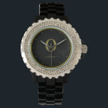 Monogram Script Name Personalised Black And Gold Watch<br><div class="desc">This stylish monogram and elegant script name design can be given as a gift for a birthday,  wedding favour,  bridal shower or any occasion. It can be customised with the person's initial and name.</div>
