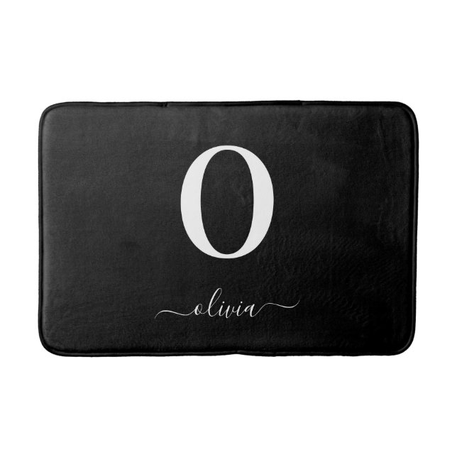Monogram Script Name Personalised Black And White Bath Mat (Front)