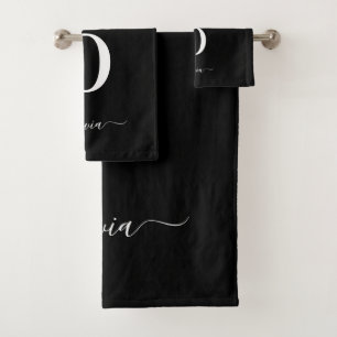 Monogram Script Name Personalised Black And White Bath Towel Set