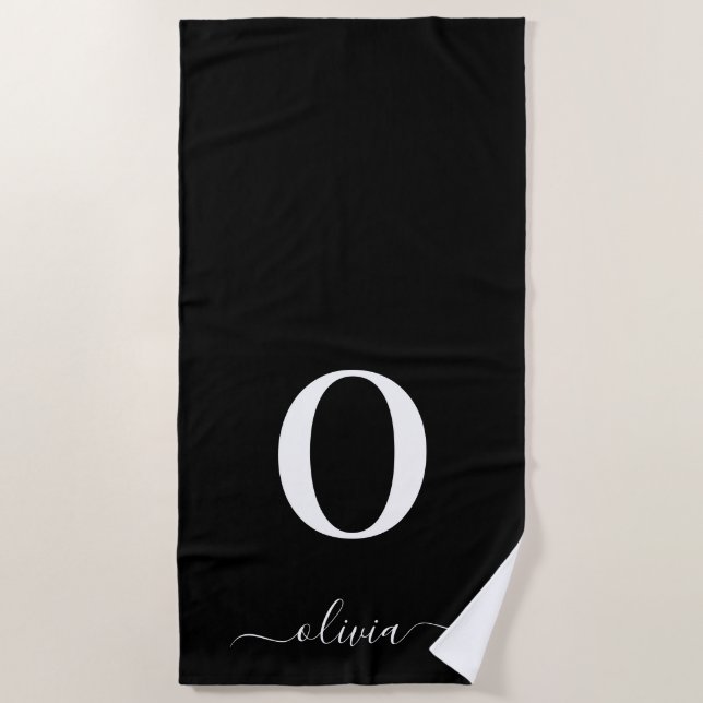 Monogram Script Name Personalised Black And White Beach Towel (Front)