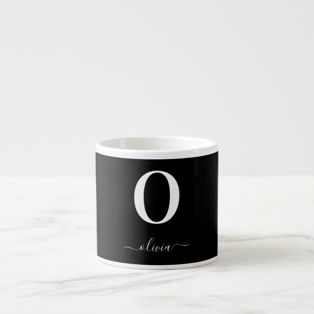 Monogram Script Name Personalised Black And White Espresso Cup (Front)