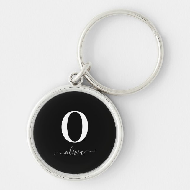 Monogram Script Name Personalised Black And White Key Ring (Front)
