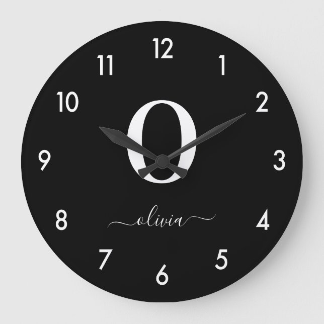 Monogram Script Name Personalised Black And White Large Clock (Front)