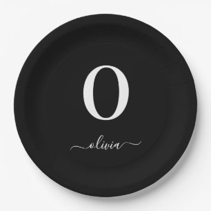 Monogram Script Name Personalised Black And White Paper Plate