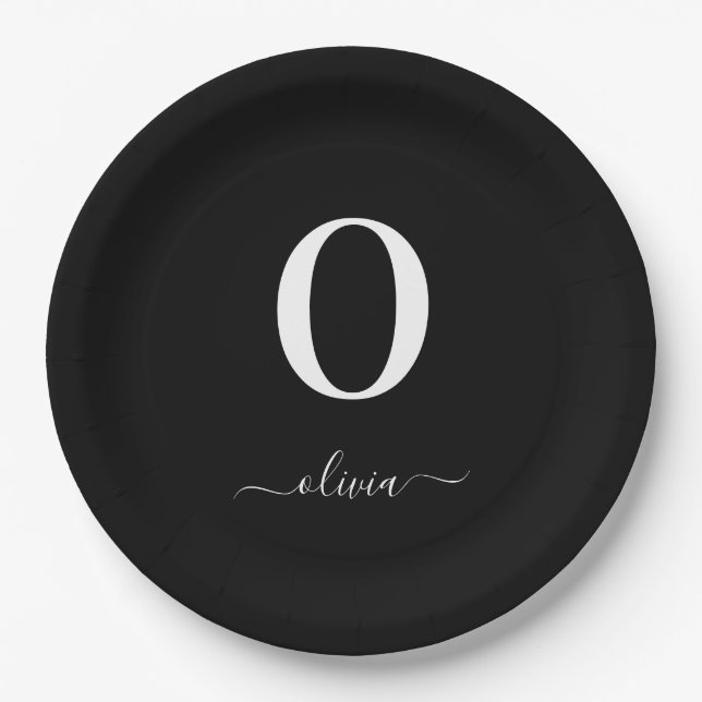 Monogram Script Name Personalised Black And White Paper Plate (Front)