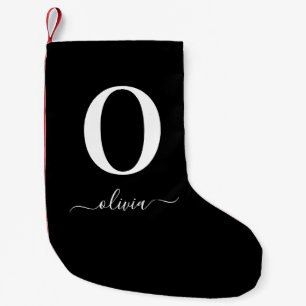 Monogram Script Name Personalised Black And White Small Christmas Stocking