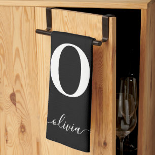 Monogram Script Name Personalised Black And White Tea Towel