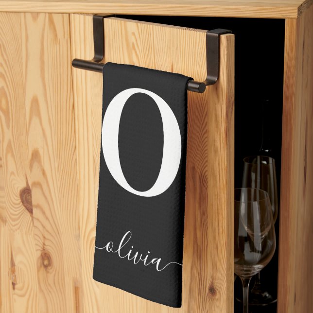 Monogram Script Name Personalised Black And White Tea Towel (Thirds Fold)
