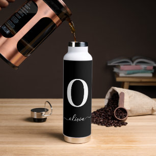 Monogram Script Name Personalised Black And White Water Bottle