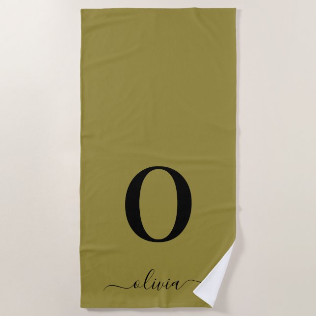 Monogram Script Name Personalised Gold And Black Beach Towel (Front)