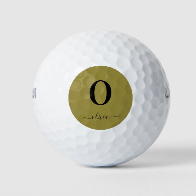Monogram Script Name Personalised Gold And Black Golf Balls (Front)