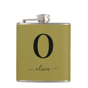 Monogram Script Name Personalised Gold And Black Hip Flask