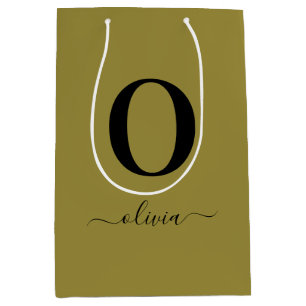 Monogram Script Name Personalised Gold And Black Medium Gift Bag