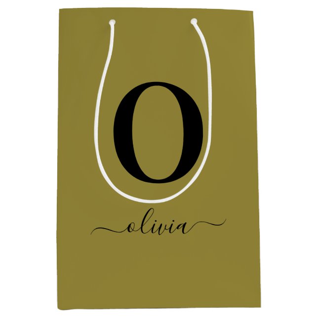 Monogram Script Name Personalised Gold And Black Medium Gift Bag (Front)