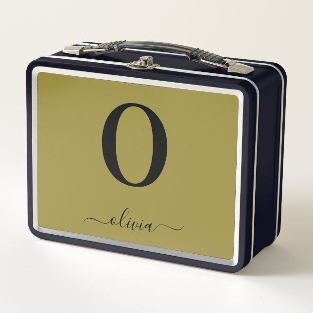 Monogram Script Name Personalised Gold And Black Metal Lunch Box (Front)