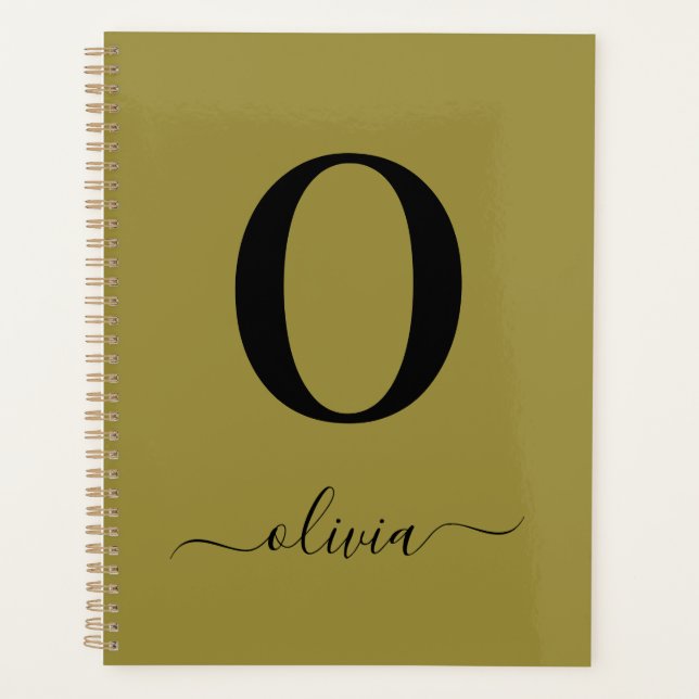 Monogram Script Name Personalised Gold And Black Planner (Front)