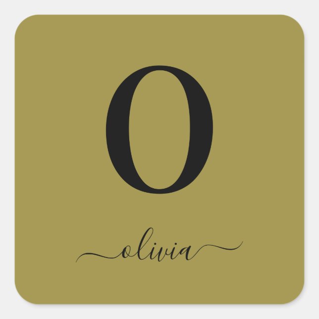 Monogram Script Name Personalised Gold And Black Square Sticker (Front)