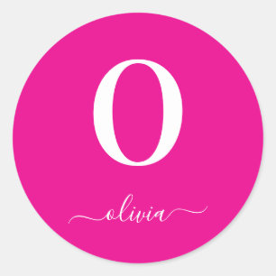 Monogram Script Name Personalised Hot Pink White Classic Round Sticker