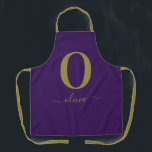 Monogram Script Name Personalised Purple And Gold Apron<br><div class="desc">This stylish monogram and elegant script name design can be given as a gift for a birthday,  wedding favour,  bridal shower or any occasion. It can be customised with the person's initial and name.</div>