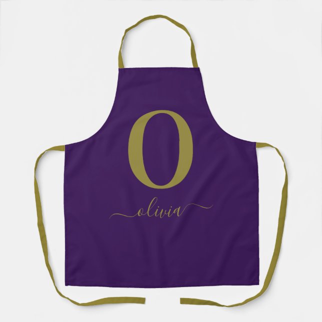 Monogram Script Name Personalised Purple And Gold Apron (Front)