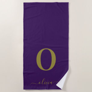 Monogram Script Name Personalised Purple And Gold Beach Towel