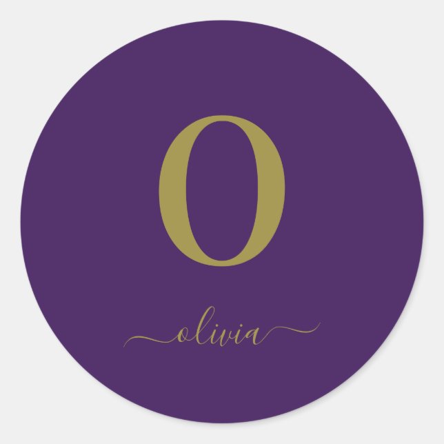 Monogram Script Name Personalised Purple And Gold Classic Round Sticker (Front)