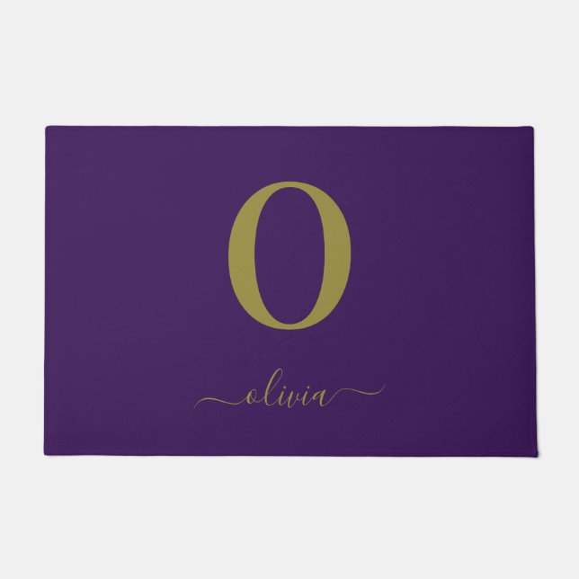 Monogram Script Name Personalised Purple And Gold Doormat (Front)