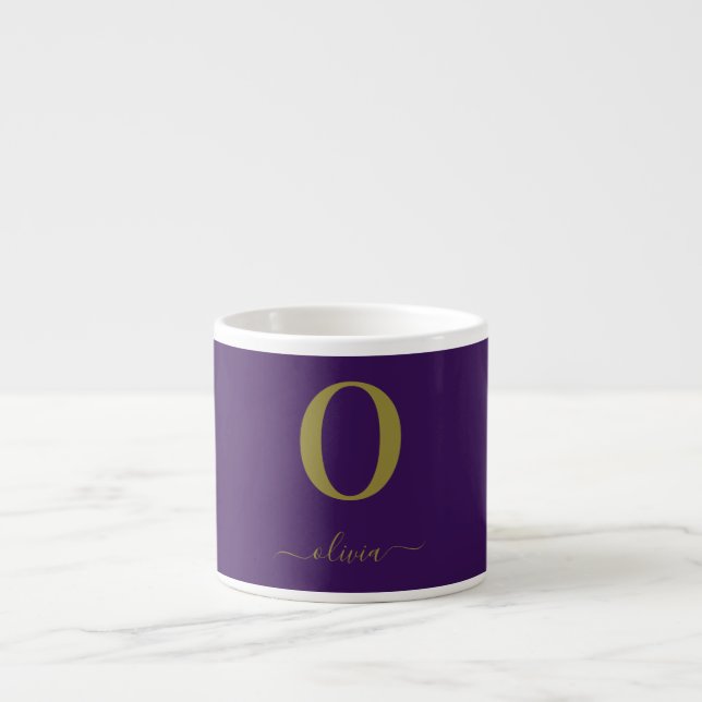 Monogram Script Name Personalised Purple And Gold Espresso Cup (Front)
