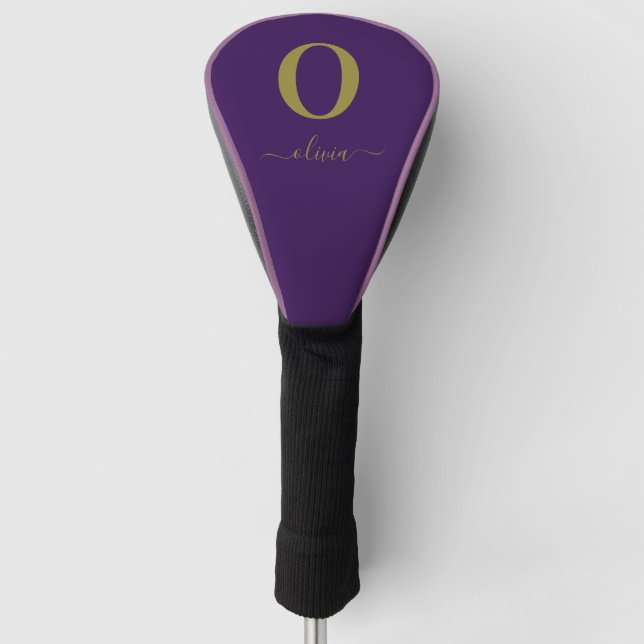 Monogram Script Name Personalised Purple And Gold Golf Head Cover (Front)