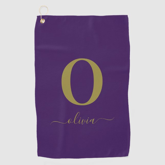Monogram Script Name Personalised Purple And Gold Golf Towel (Front)