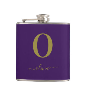 Monogram Script Name Personalised Purple And Gold Hip Flask