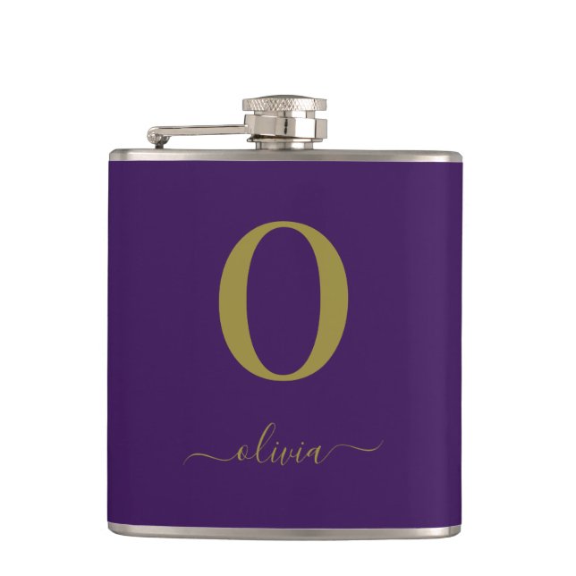 Monogram Script Name Personalised Purple And Gold Hip Flask (Front)