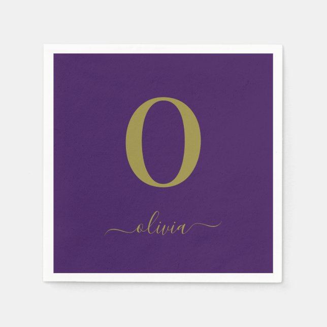Monogram Script Name Personalised Purple And Gold Napkin (Front)