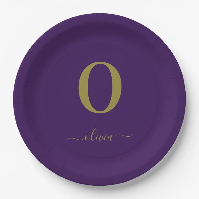 Monogram Script Name Personalised Purple And Gold Paper Plate (Front)
