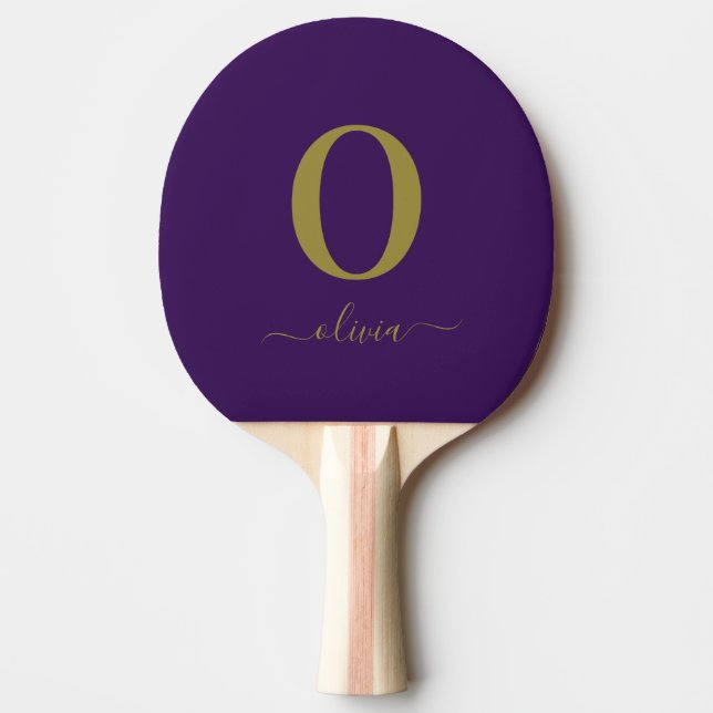 Monogram Script Name Personalised Purple And Gold Ping Pong Paddle (Front)