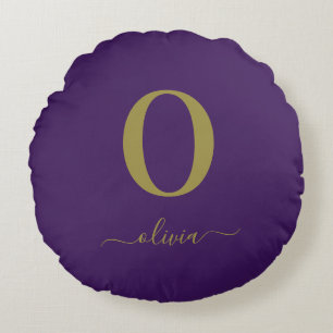 Monogram Script Name Personalised Purple And Gold Round Cushion
