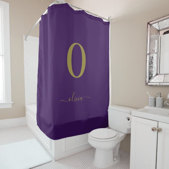 Monogram Script Name Personalised Purple And Gold Shower Curtain (In Situ)