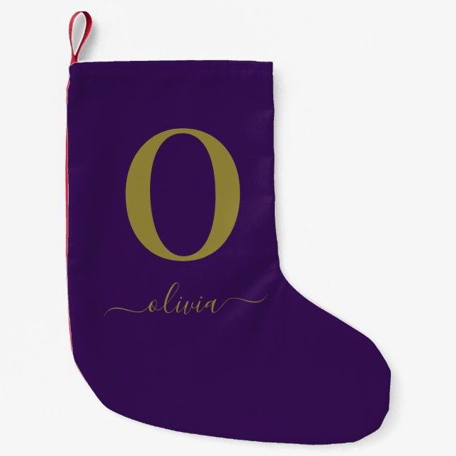 Monogram Script Name Personalised Purple And Gold Small Christmas Stocking (Front)