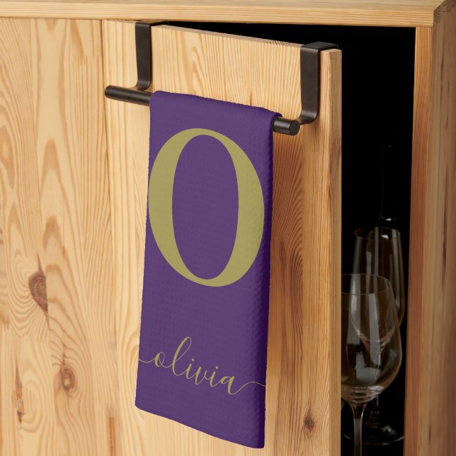 Monogram Script Name Personalised Purple And Gold Tea Towel (Thirds Fold)