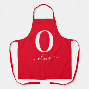 Monogram Script Name Personalised Red And White Apron